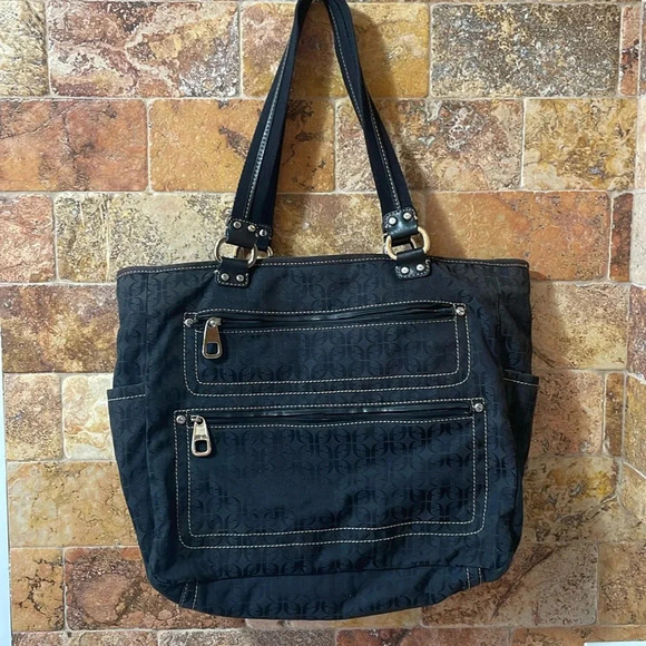 Fossil Modern Vintage Black Logo Fabric Tote Bag Canvas Straps Women’s Pocket - Picture 2 of 16